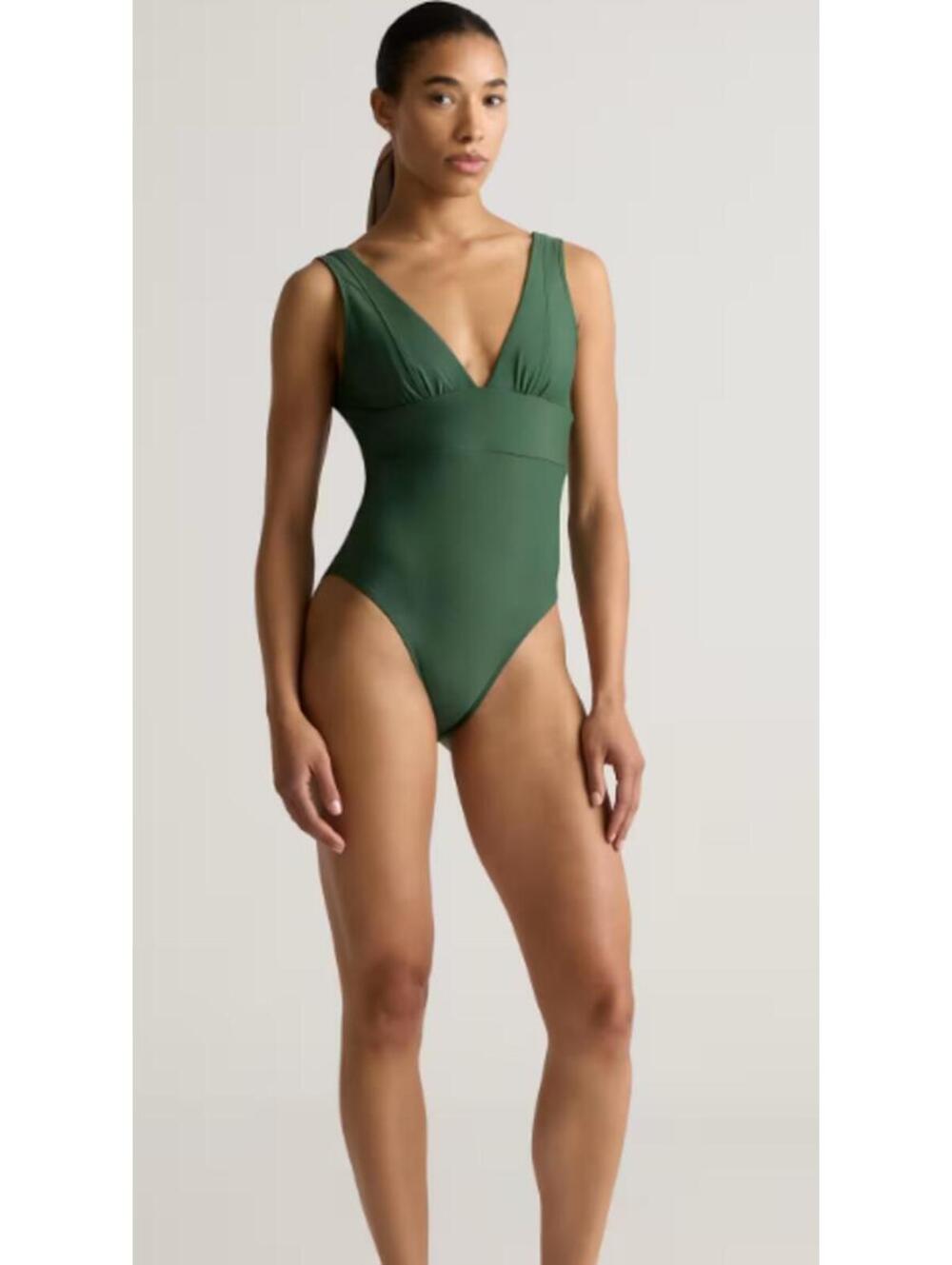 NWT Quince green Italian plunge One piece swimsuit sz Large UPF 50, Compression